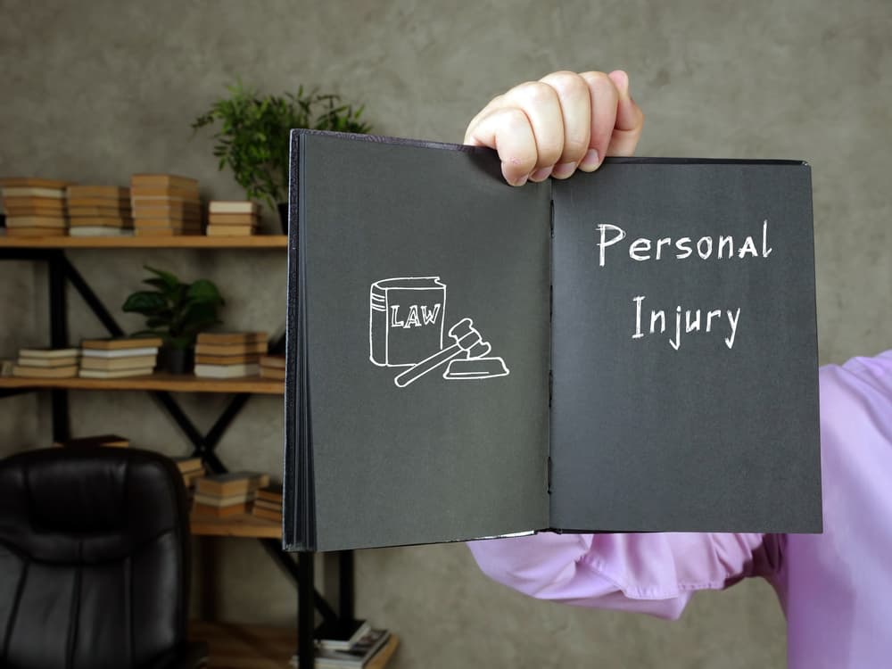 A conceptual photo representing personal injury, featuring a close-up of a handwritten phrase "Personal Injury" on a notepad or paper, surrounded by symbolic items like a bandage, crutches, or a gavel, conveying the idea of legal action and recovery after an accident.