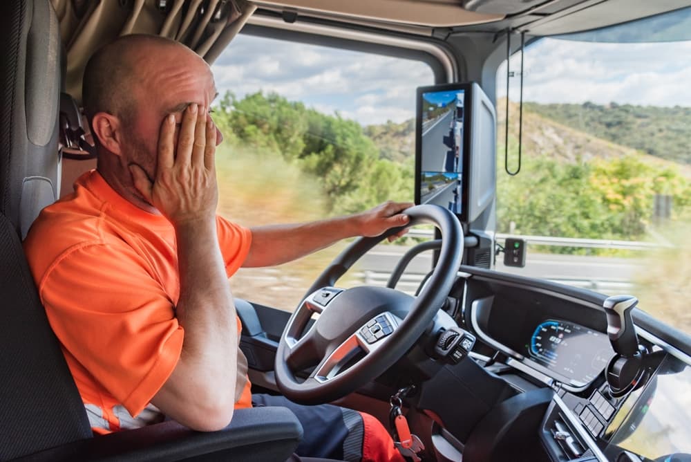 A truck driver at the wheel, visibly fatigued, rubbing his face with his hand, showing clear signs of exhaustion while driving.